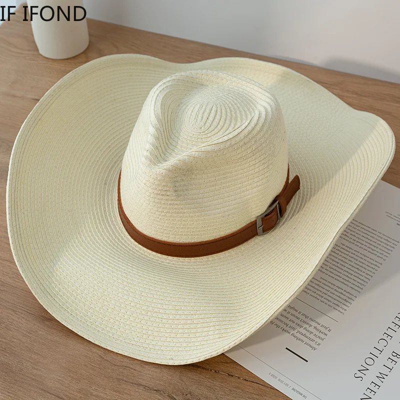 New Design Natural Paper Western Cowboy Hat 13CM Big Wide Brim Women Men Summer Beach Straw Hats Panama Cowgirl Jazz Sun Caps