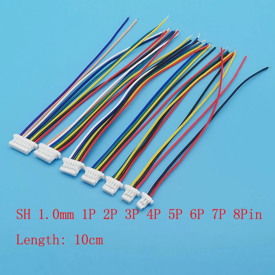 10Pcs JST SH1.0 Pitch 1.0mm 2P 3P 4P 5P 6P 7P 8 Pin Single Female Jack Plug Electronic Wire Cable Connector Length 10cm 28AWG