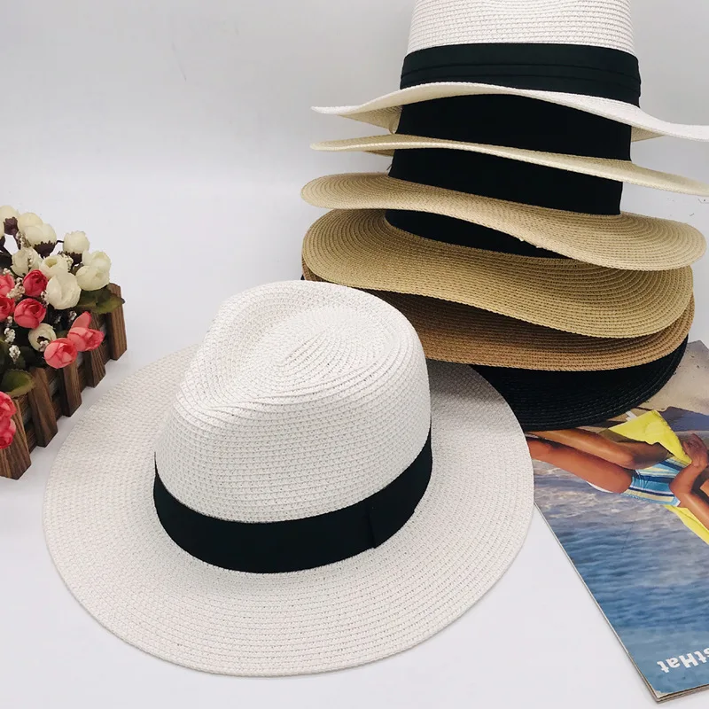 

Summer Solid Color Straw Hat Women Big Wide Brim Beach Hat Travel Simple Foldable Sun Hat Sunscreen UV Protection Panama Sun Cap