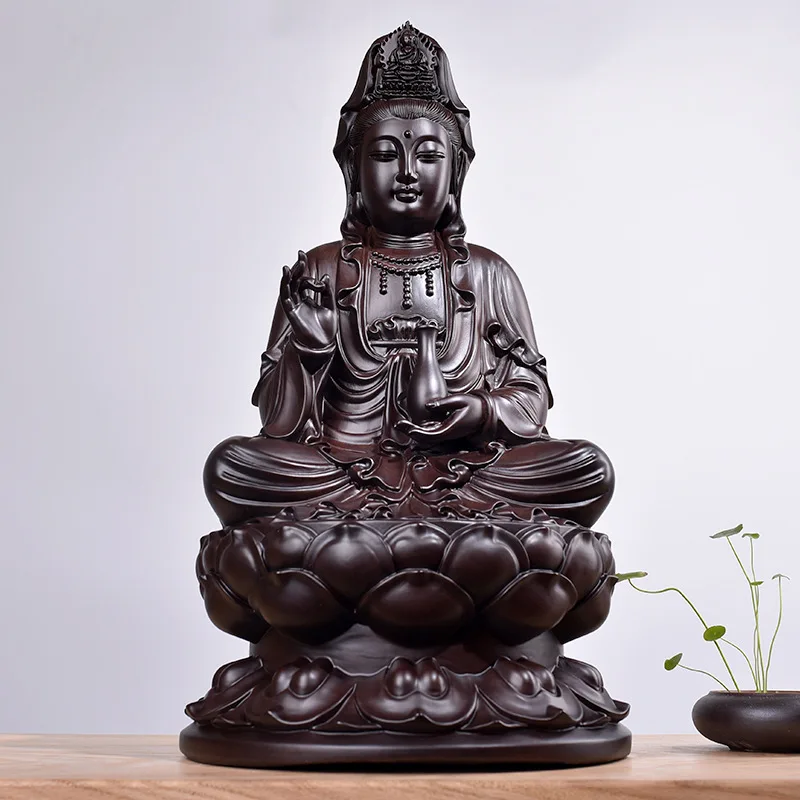 Solid wood carving Lotus Guanyin statue，Safflower pear， Black sandalwood Wooden buddha statue Home Feng Shui Decoration 13-20cm