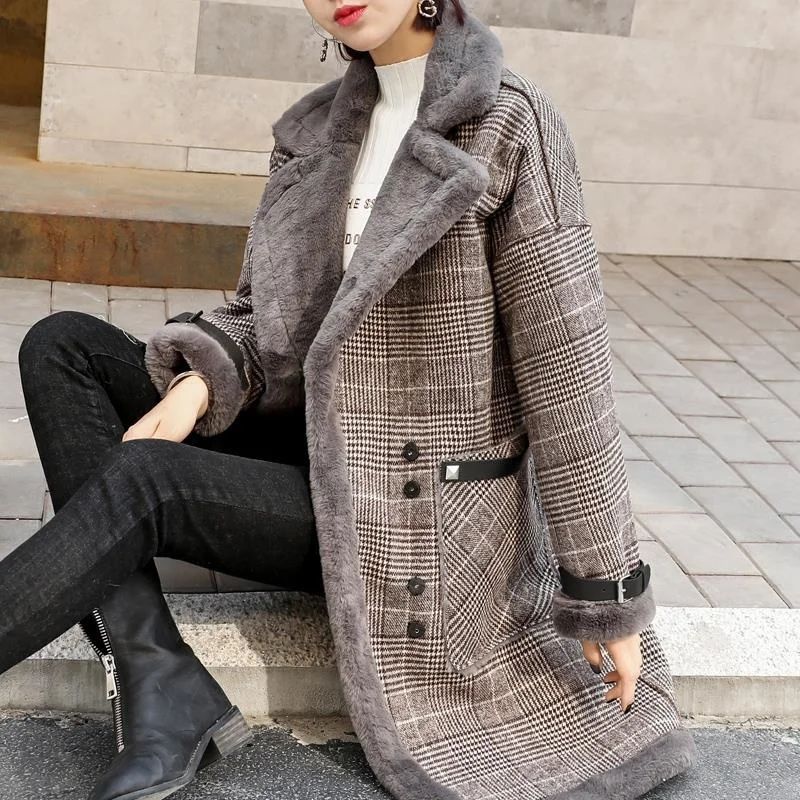 Plaid Faux Leather Fur Parka Coat Women 2021 Autumn Winter New Lamb Fur Female Overcoat Add Velvet To Keep Warm Outerwear