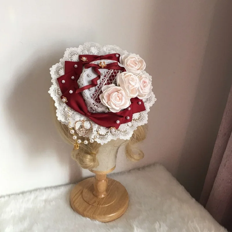 Sweet Lolita Handmade Headdress Top hat Party lace Rose Flower Bow Pendant Hair Clip Hat Elegant Flat Cap