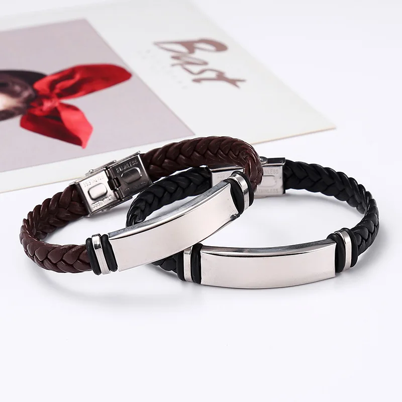 2020 Fashion Bracelet Black Leather Bracelets & Bangles Stainless Steel Bracelets For Women Men Jewelry