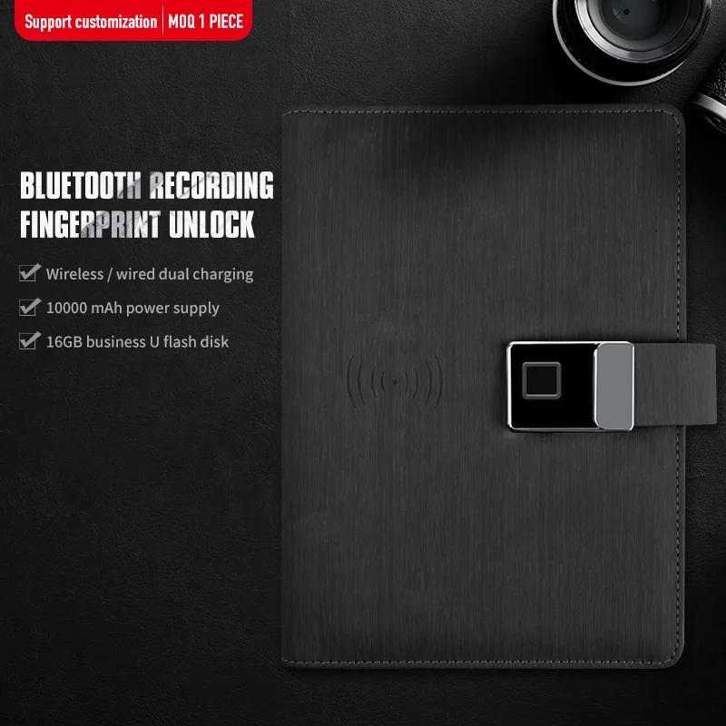 Кожаный блокнот с блокировкой по отпечатку пальца, многофункциональное умное Беспроводное зарядное устройство для офиса и школы, дневник с U-диском, даолиновая бумага с блоком питания