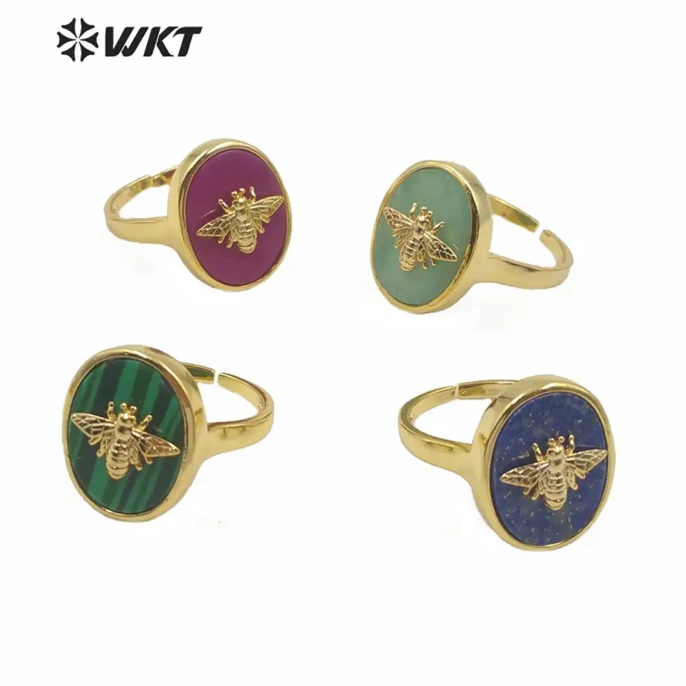 

WT-R353 Gold electroplated Insect unique design natural stone ring oval gem stone ring with fashion multi color adjustable ring