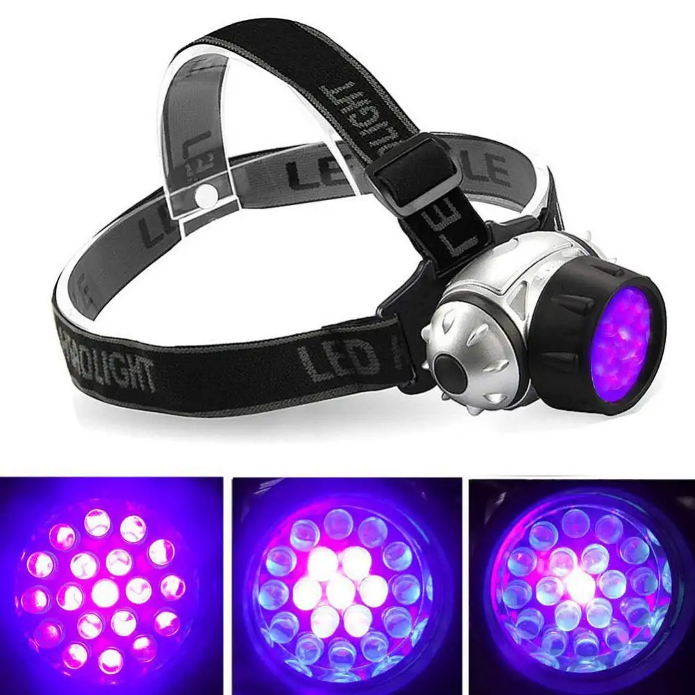 

UV Purple LED Headlamp 395nm UV Rainproof Headlights Ultraviolet Flashlight 3AAA Battery Camping Hunting Head Torch Light Lamp