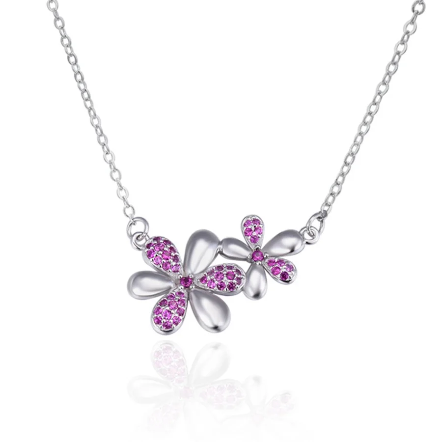 Pendant Necklace  Two Smart  Purple Zircon Flower Trendy Link Chain Fashion Jewelry Ts Style 925 Stering Silver Bijoux Gift