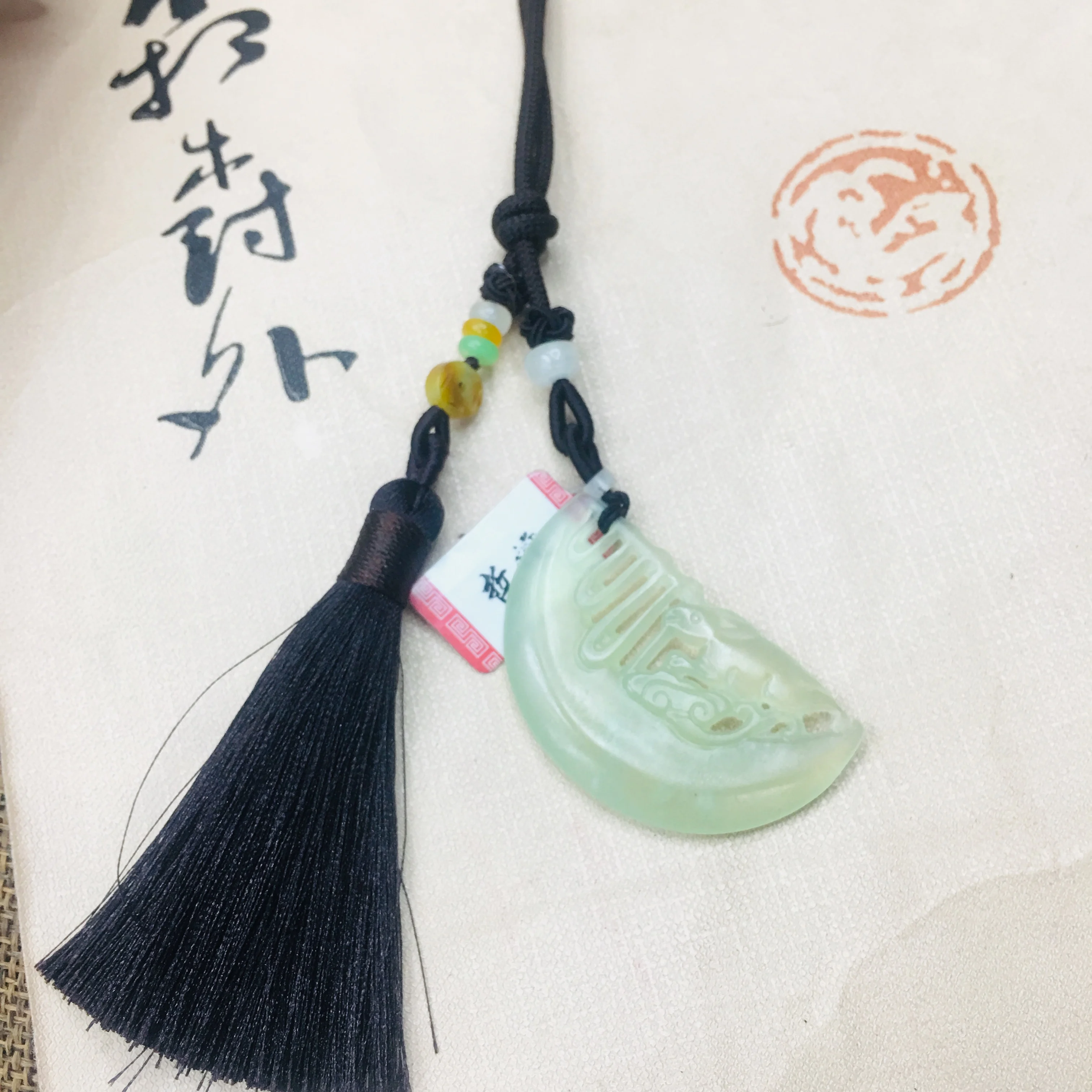 Zheru natural soft jade carved light green ice hollow comb pendant with tassel necklace men and women sweater chain