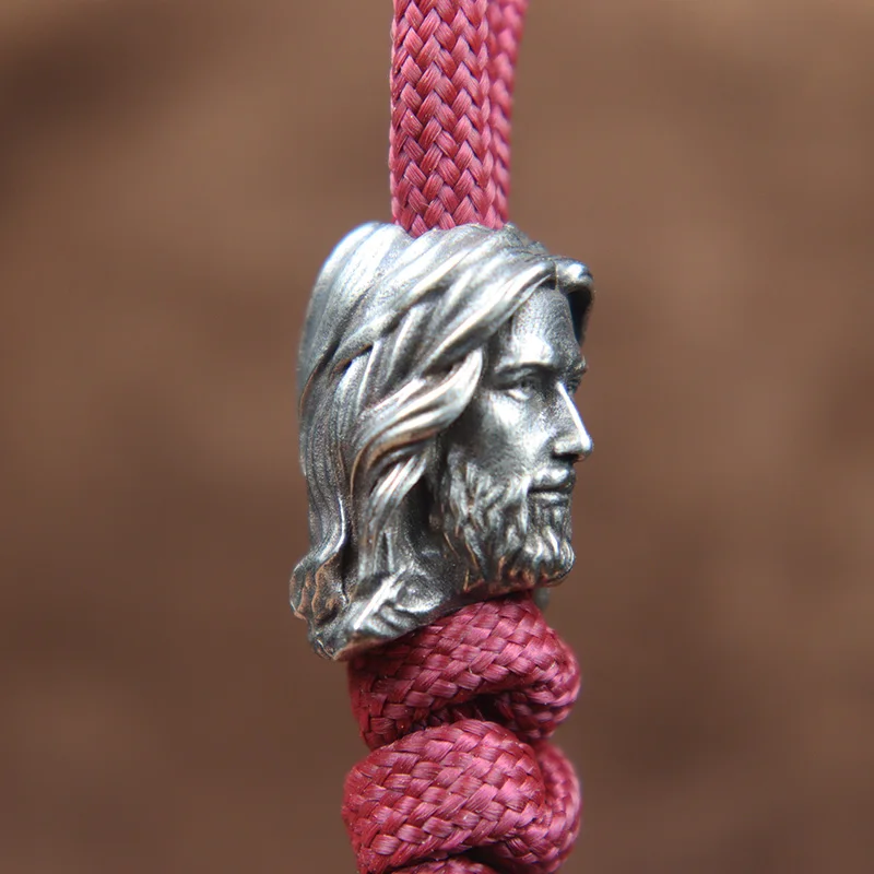 Christianity Jesus Savior Head Sculpture Brass Paracord Beads DIY EDC Keychain Outdoor Folding Knife Lanyard Hanging Accessories