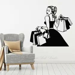 Shopping Girl Fashion Shopaholic Dress Store Wall Stickers Vinyl Interior Decor Clothing Store Shop Window Decals Wallpaper 4803