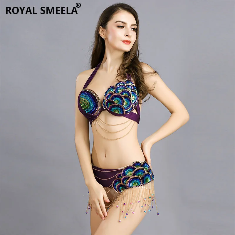 Oriental Belly Dance Bra Belt Women Beaded Bra and Belt Set Peacock Belly Dance Costumes Belly Dancing Outfit Belly Dance Suit