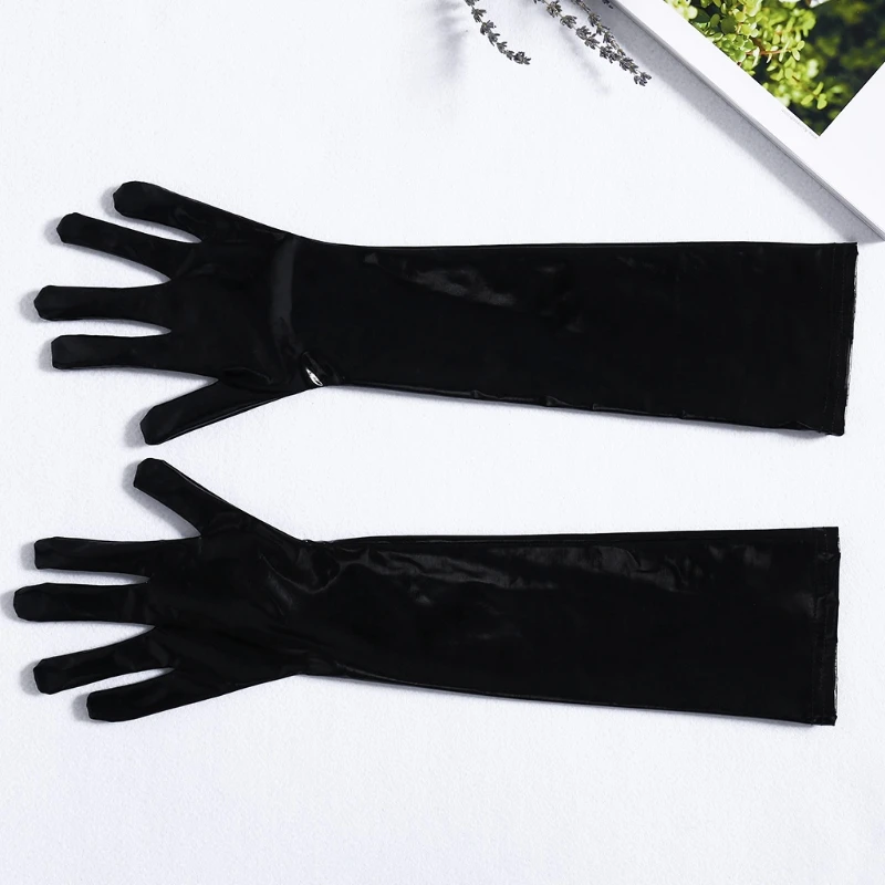 Black PVC Leather Sexy Long Gloves For Women Arm Length Wet Look Exotic Appeal Gloves Clubwear Ladies Adult Costume Accessory