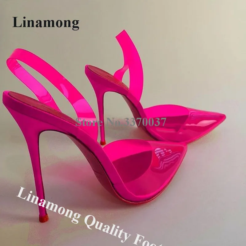 

Linamong Desinger Clear Fuchsia Pink PVC Stiletto Heel Pumps Pointed Toe Transparent Slip-on High Heels Club Heels Big Size