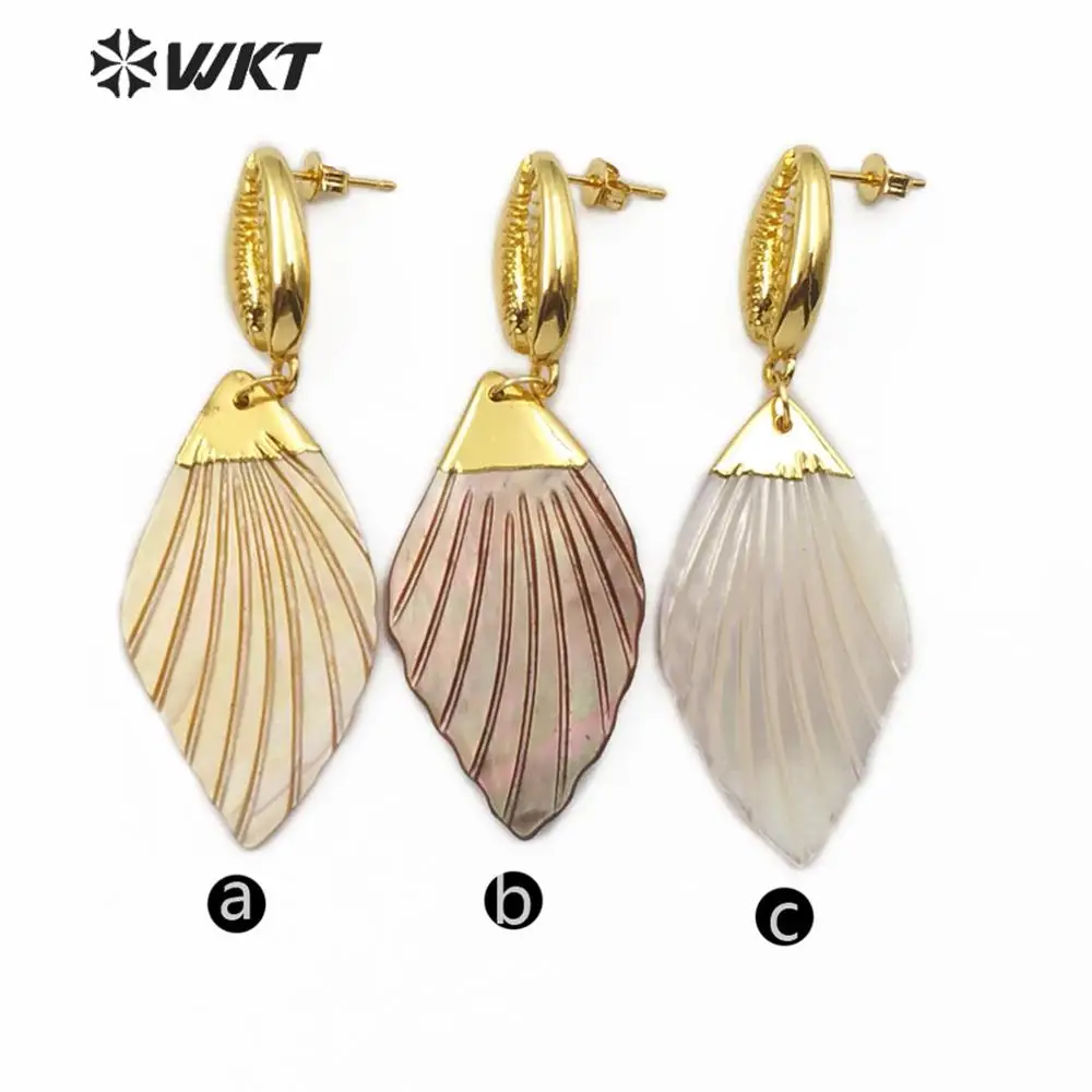 WT-E573 Natural Shell Earrings Leaf Shape With Gold Electroplated Cowrie Shell Stud Earring  Fashion Woman  Sea Shell  Jewelry