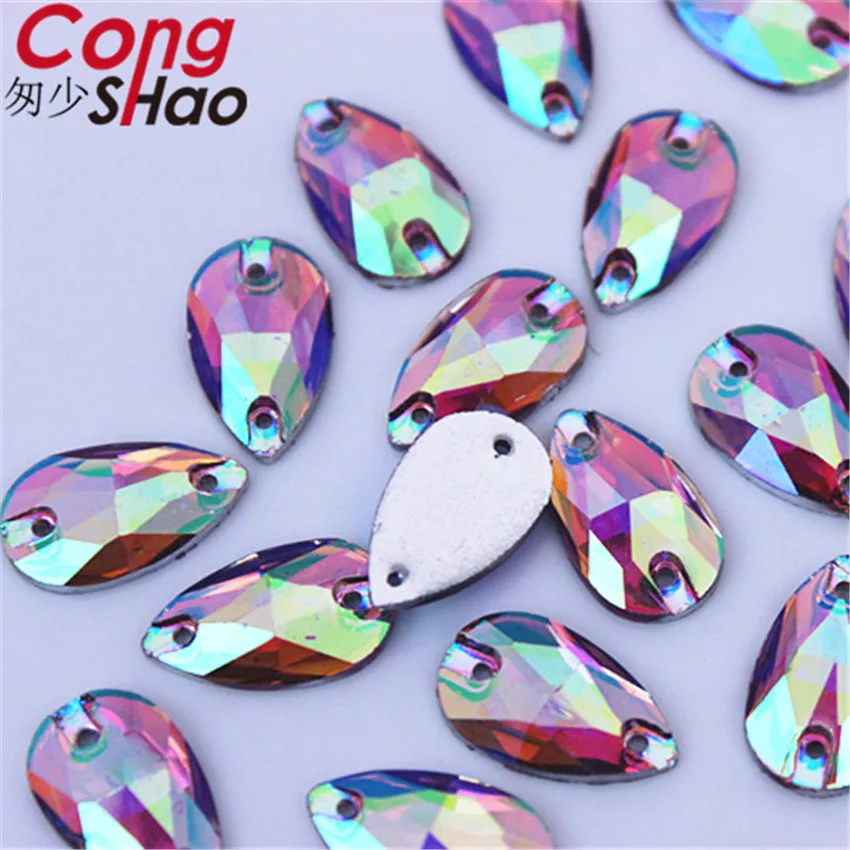 Cong Shao 100pcs 10*18mm Drop Shape Black Crystals AB Rhinestone Flatback Sewing 2 Hole Stones Resin For DIY Wedding Dress WC415