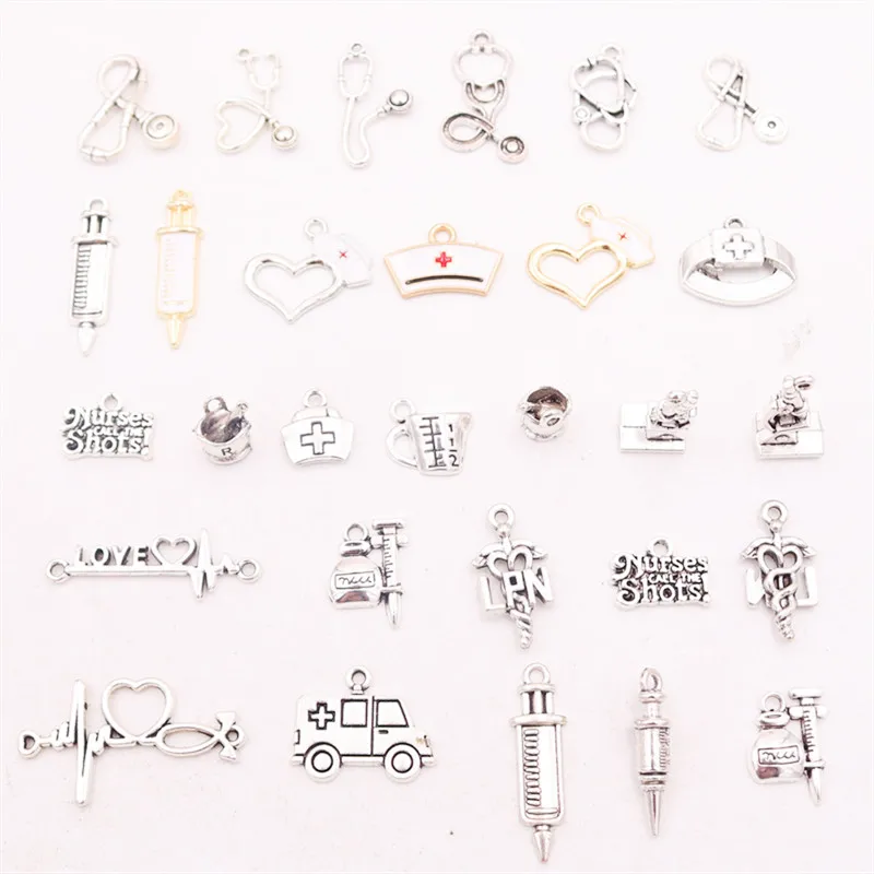 Popular Doctor & Nurse Supplies Metal Pendant, Nurse Cap Charm, Stethoscope Charm, Syringe Charm, Electrocardiogram Charm,