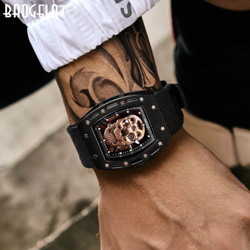 BAOGELA Watch Disk Rectangular Army Skull Bright Black Silicone Bracelet Male Star Waterproof Quartz Watch 1612 Black  White