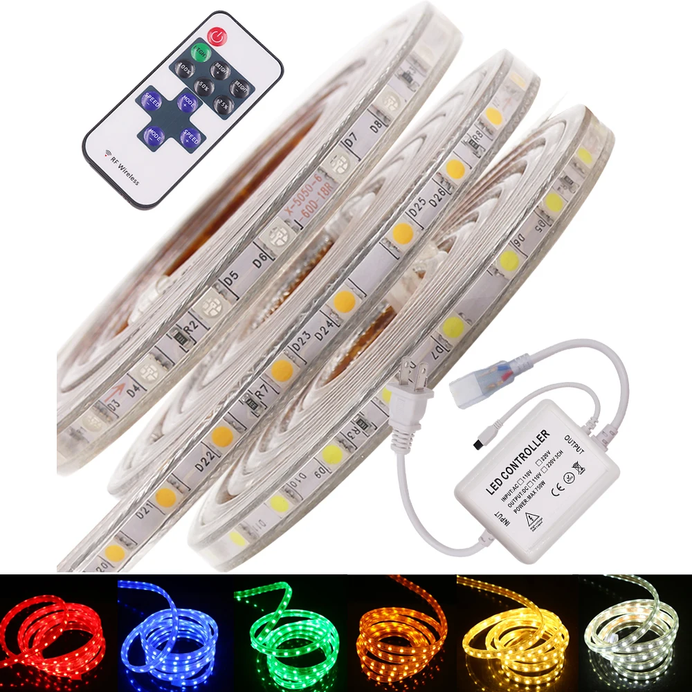 

220V 5050 LED Strip Light Remote Control 60LED/M Waterproof Led Ribbon Tape Lights Flexible Strip Home Decoration