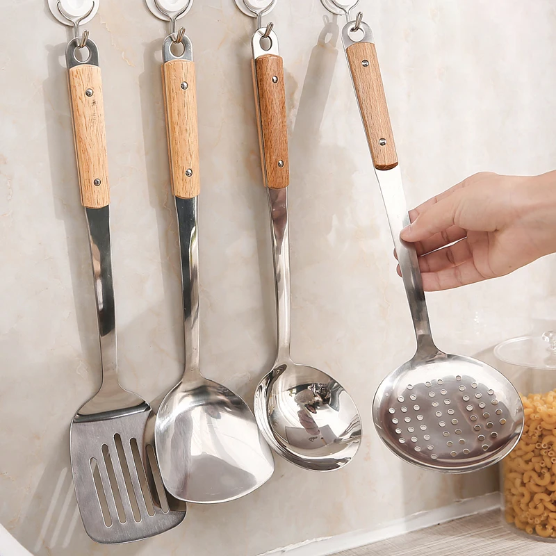 

Anti-scalding wooden handle stainless steel spatula soup spoon cooking shovel kitchenware set non-stick cooking spoon