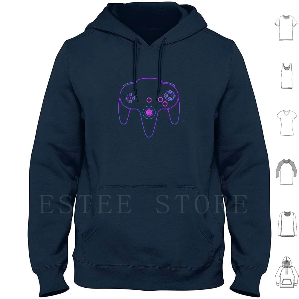 Neon Controller N64 Hoodie Long Sleeve N64 64 Bros Controller Console Neon Retro Videogame Gaming Gamer