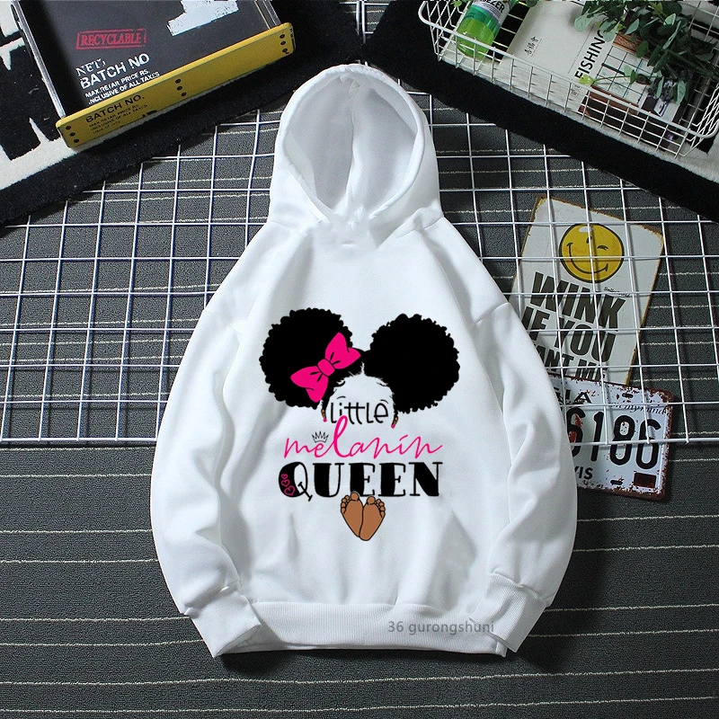 Little Melanin Queen Graphic Print Cap Hoodies Kawaii Kids Clothes Pink Bow Crown Sweatshirt Harajuku Shirt Winter/Autumn Coat