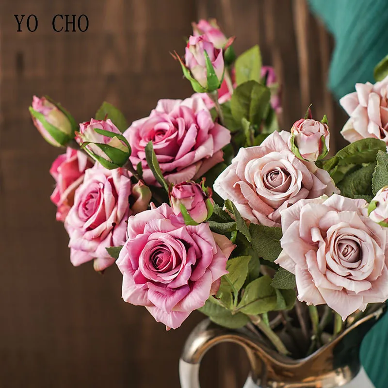 YO CHO 5PCS/Lot Pink Silk Rose Wedding Bouquet Flowers Mariage DIY Bride Bridesmaids Artificial Flowers Milk White Rose Bouquets