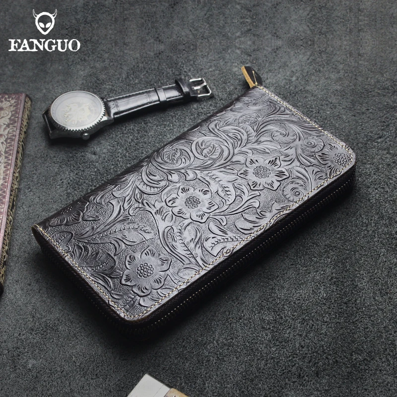 Retro Genuine Leather Men's Wallet Multi-function Credit Card Slot Purse Handmade Cowhide Clutch Bag For Women Zipper Handbag