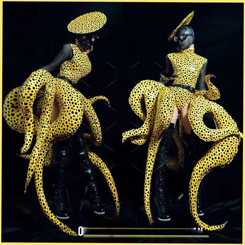 

Yellow Neon light Octopus Evening Dress Gogo Ladies Party Costume Dancer Stage Show Performance Clothes Cosplay Cool Dress