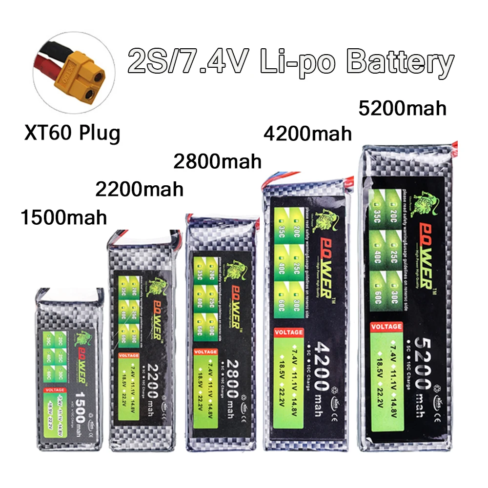 LION POWER 2S Battery 7.4V 1500mAh 2200mAh 2800mAh 4200mAh 5200mAh Lipo Battery with XT60 Plug For RC Toys Car Truck Boat