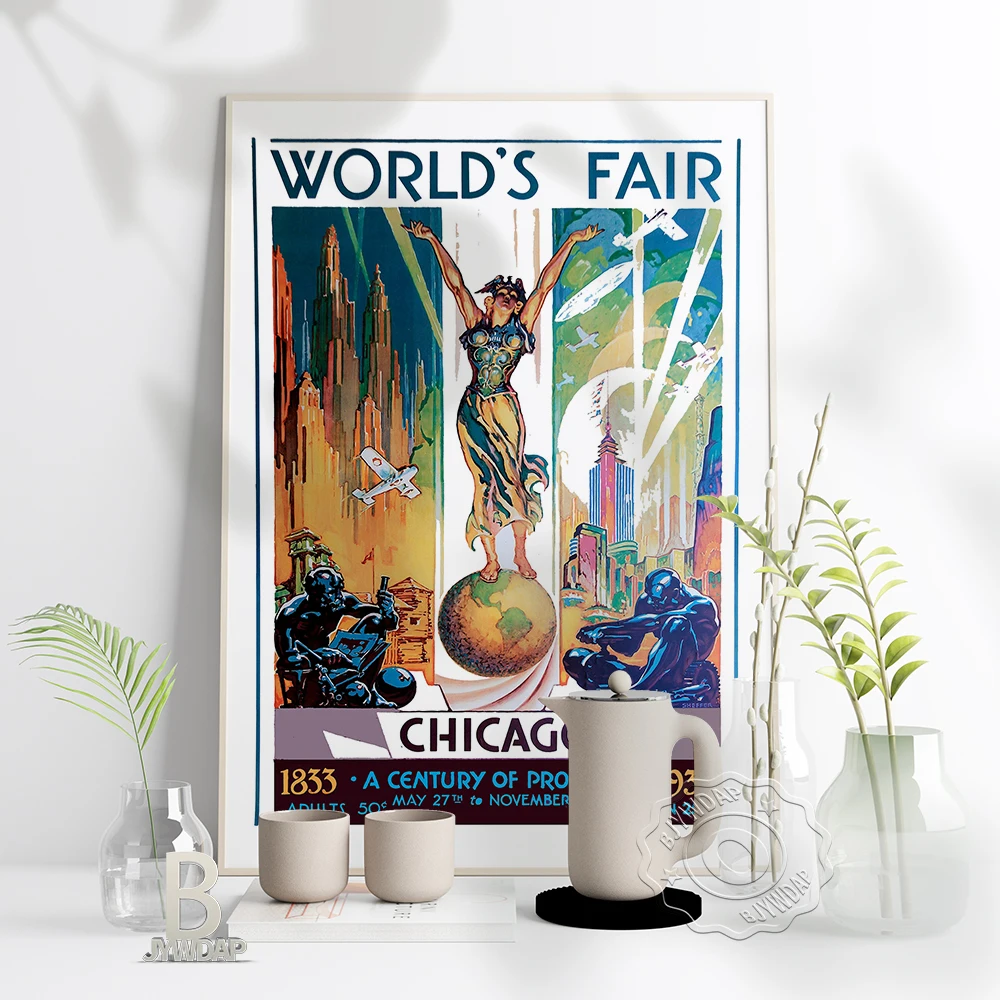 Chicago World'S Fair Vintage Exhibition Poster, 1833 A Century Of Progress 1933 Canvas Paintings, Nostalgic Home Wall Decor Gift