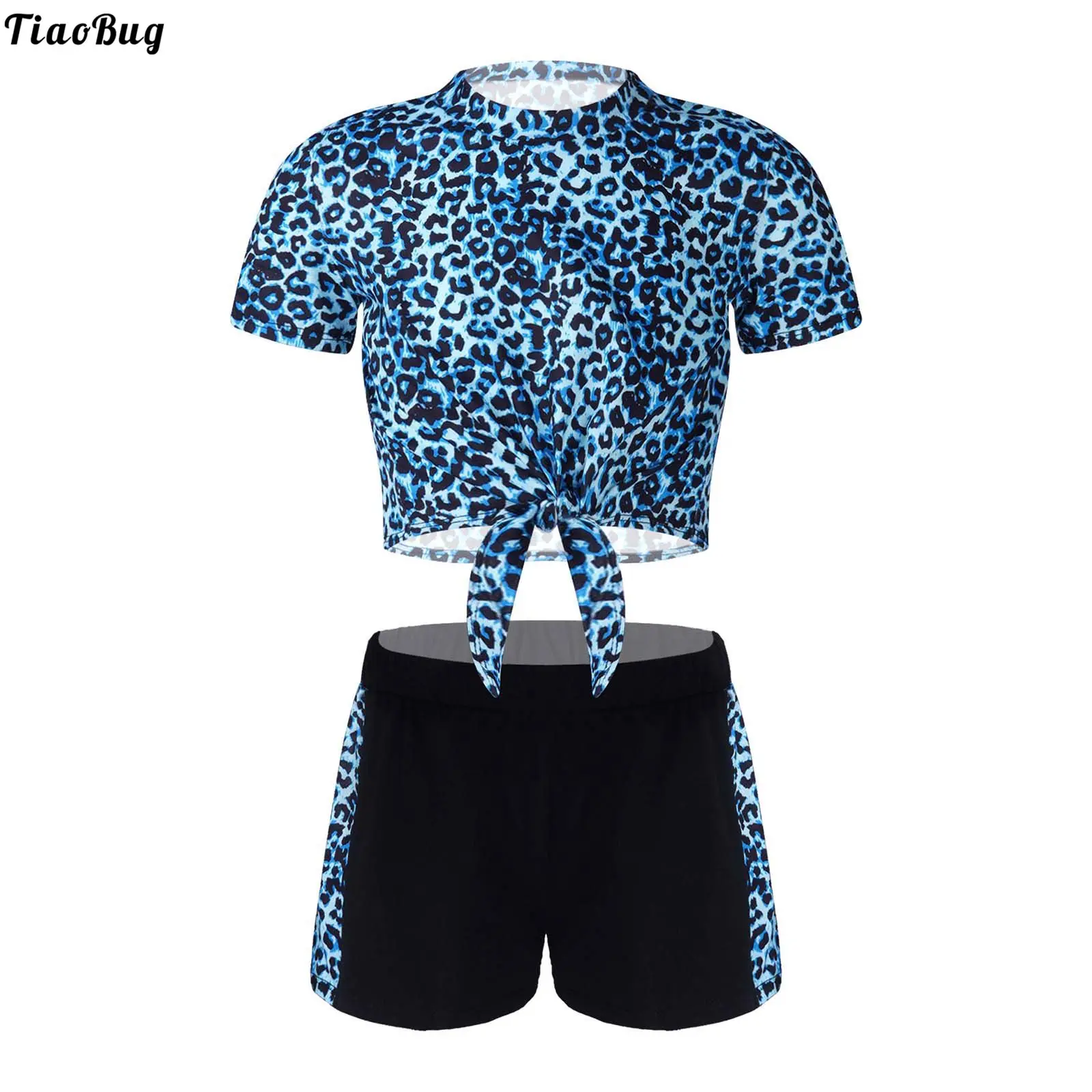 

TiaoBug 2Pcs Kids Girls Summer Leopard Camouflage Print Sport Outfit Round Neck Short Sleeves Crop T-Shirt And Shorts Set