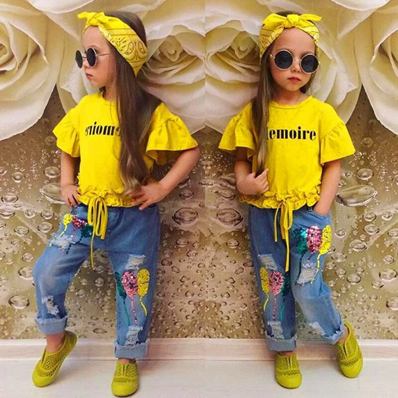 

Children Girls Set Letter Yellow Flare Sleeve + Jeans + Headwear 3 Pieces Kids Fashion Toddler Girl Summer Clothes Outfits