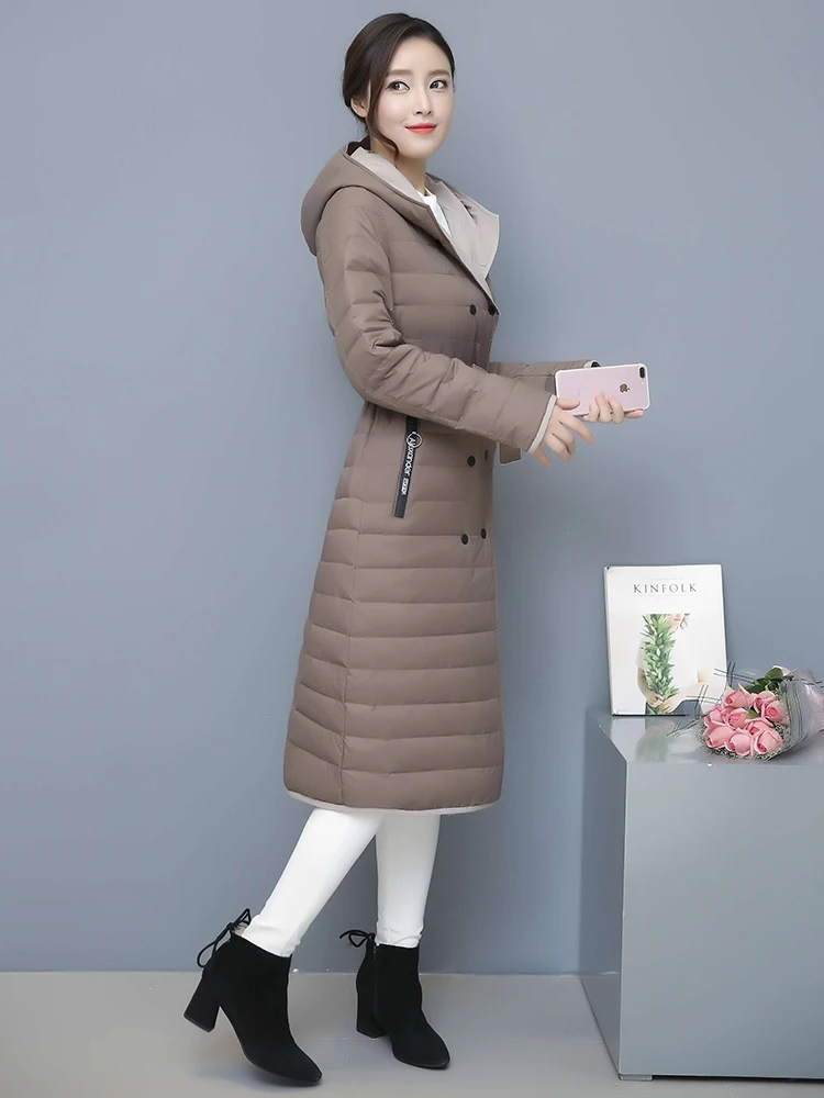 Piumino lungo da donna autunno inverno piumino d'anatra bianco con cappuccio da donna due abbigliamento laterale chaqueta mujer KJ4666