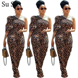 Sexy One Shoulder Jumpsuit Women Leopard Print Rompers High Waist Long Pants Jumpsuit Vestidos Outfits Partyclub 2021 Spring