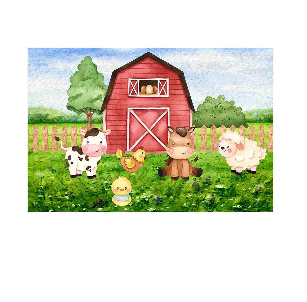 Fondo de fotografía de fiesta de animales de granja de dibujos animados y cubiertas elásticas de cilindro, productos impresos para fiesta de cumpleaños de niños