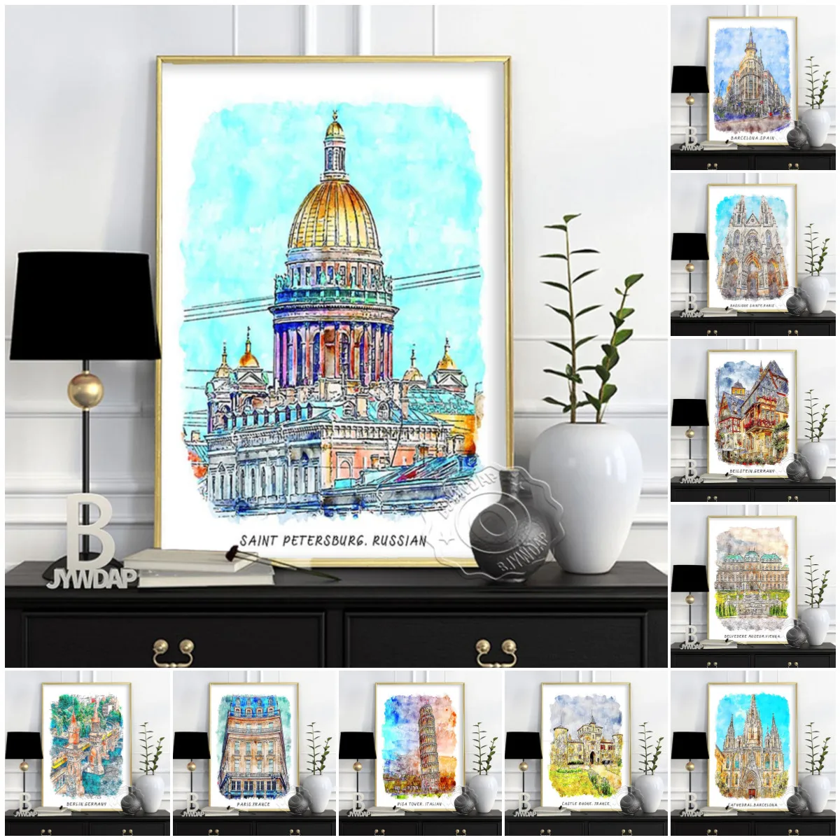 Barcelona Spain Wall Stickers, Italy France Russian Buildings Wall Stickers, Paris Travel Poster, Watercolour World City Poster,