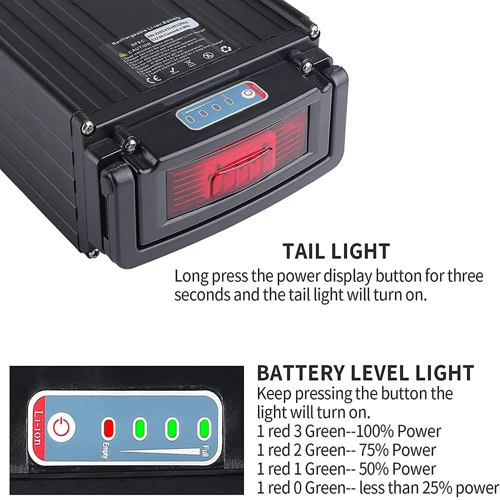 36V 48V 52V 20Ah 24Ah EBike Battery Rear Rack Taillight for 1500W 1000W 750W 500W 250W Bafang BBSHD BBS02 Voilmart MXUS Motor