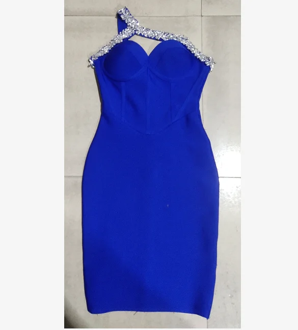 High Quality Red Blue Black One Shoulder Sparkly Beading Rayon Bandage Dress Elegant Cocktail Party Dress Vestidos