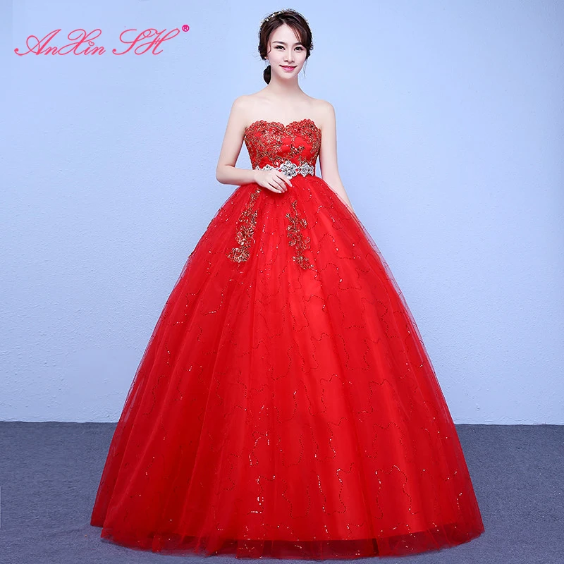 

AnXin SH flower red lace sparkly wedding dress turkey princess strapless sleeveless sashes beading crystal red bow wedding dress