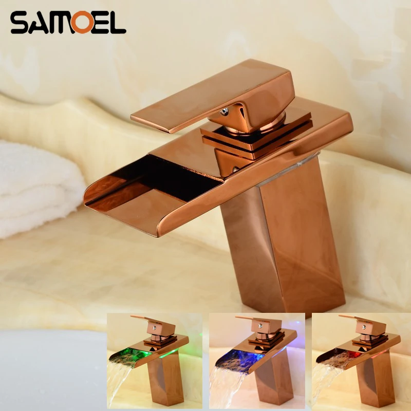 

Modern Brass Rose Golden 3 Color Changing Bathroom Sink Faucet Rose Gold Waterfall LED Basin Mixer Tap RS344