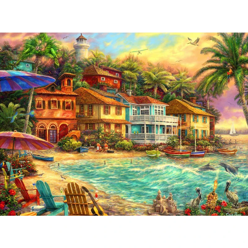 Yumeart Diy 5D Diamond Painting Seaside Island House DMC Cross Stitch Mosaic Kits Needlework Diamond Embroidery Home Decoration