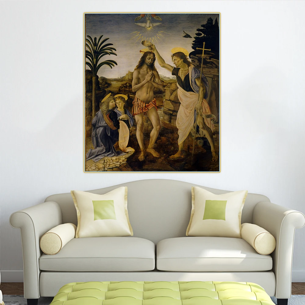

Baptism of Christ by Leonardo da Vinci Canvas Oil Painting Famous Artwork Poster Picture Wall Decor Home Living room Decoration