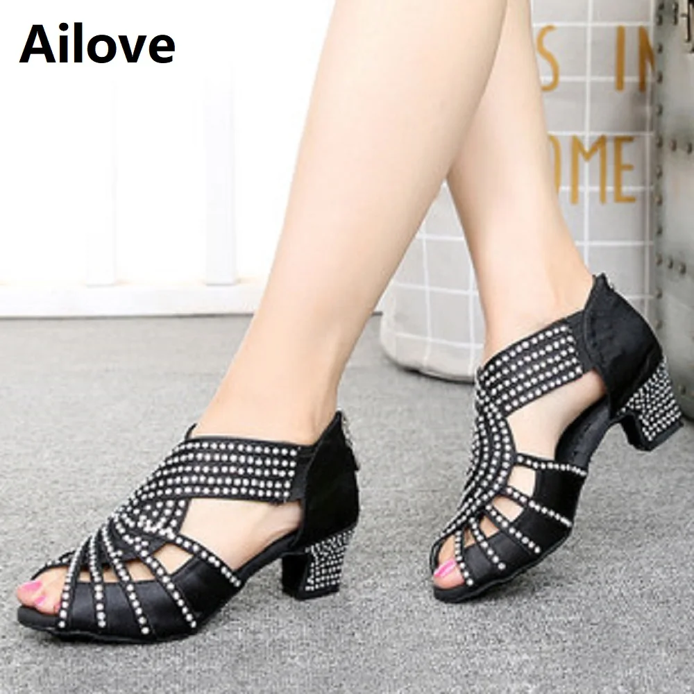 Rhinestones Ballroom Latin Dance Shoes Women Salsa Rumba Performance Peep-toe Danc Sandals Multiple Heel Height ALS035