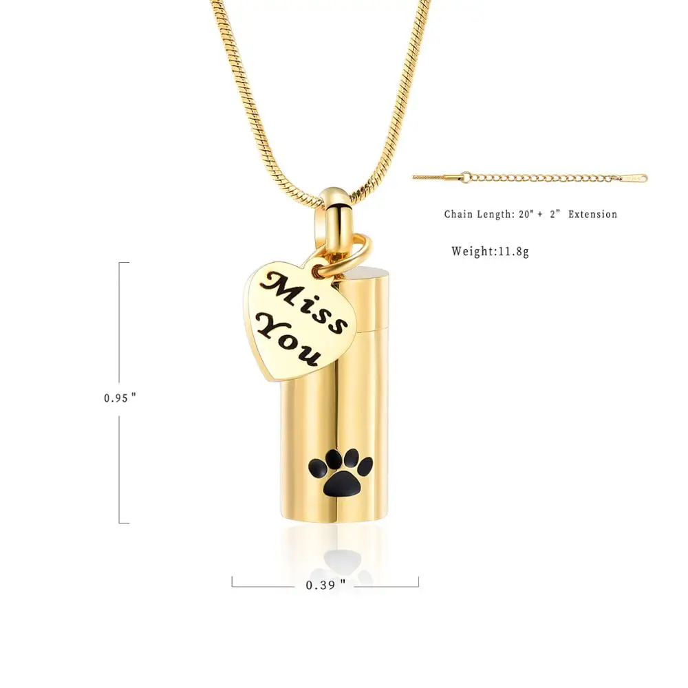 Miss You My Pet Paw Print Cylinder Urn Necklace For Ashes 316L Stainless Steel Cremation Jewelry Keepsake Pendant