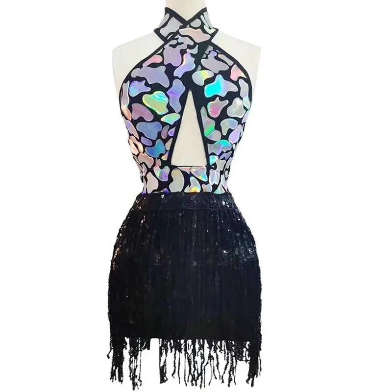 Błyszcząca cekinowa krótka sukienka z frędzlami dla kobiet Urodziny Prom Party Strój Seksowny kostium taneczny bez pleców do klubu nocnego