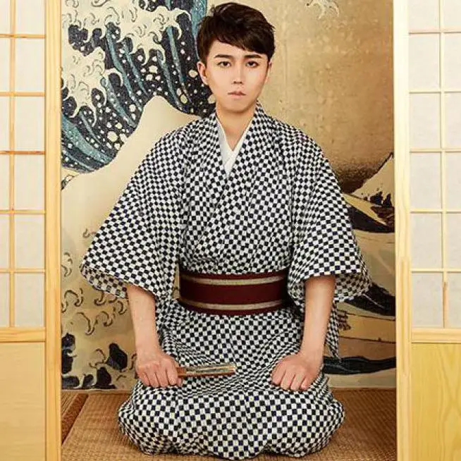 Japanese Traditional Men Kimono Lounge Yukata With Belt Classic Samurai Clothing Halloween Party Male Cosplay Warrior Costume