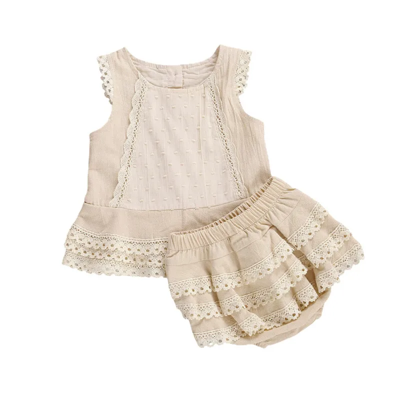 

Summer 2 Pcs Baby’s Summer Suit Sleeveless Lace Vest Top with Layered Hem + Tiered Skirt Panty Outfit for Toddler Girl