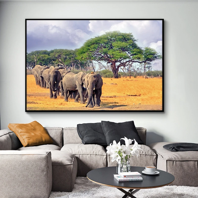 

Wild Animals African Elephants Tree Landscape Canvas Painting Posters and Prints Cuadros Wall Art Picture for Living Room Decor