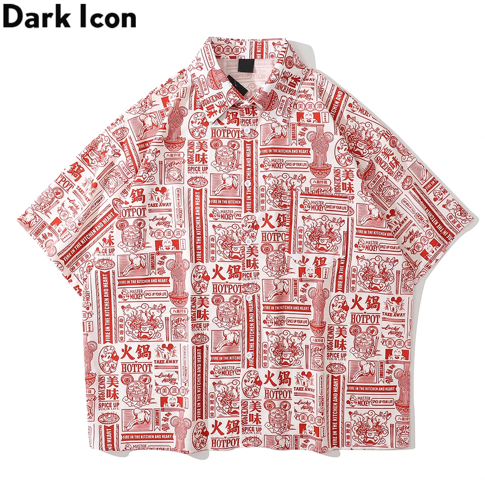 Dark Icon Full Printed Oversized Shirt for Men Summer Loose Men's Shirts Male Top Black Red