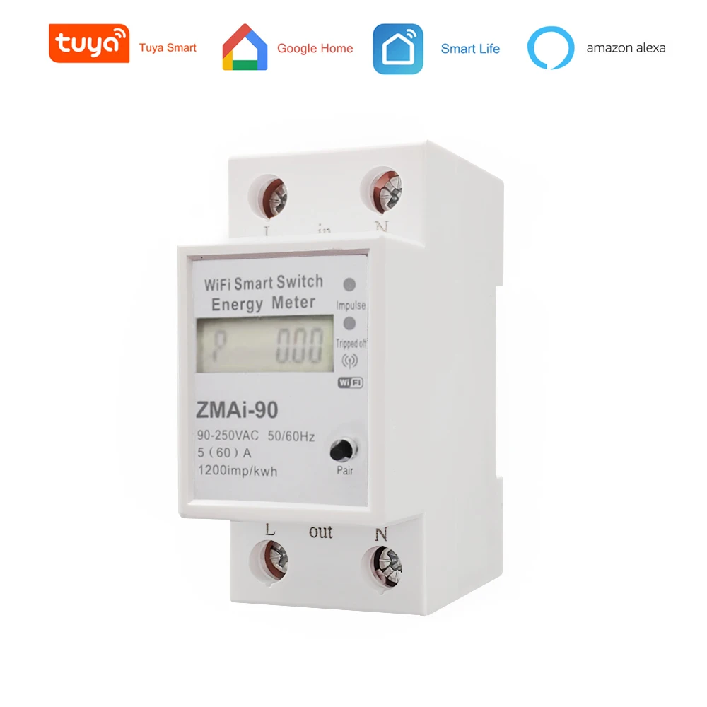 WIFI Smart Energy Meter LCD Display Meter Single Phase Din Rail Type Wattmeter Kwh AC 90-250V 50Hz/60Hz with Alexa / Google Home